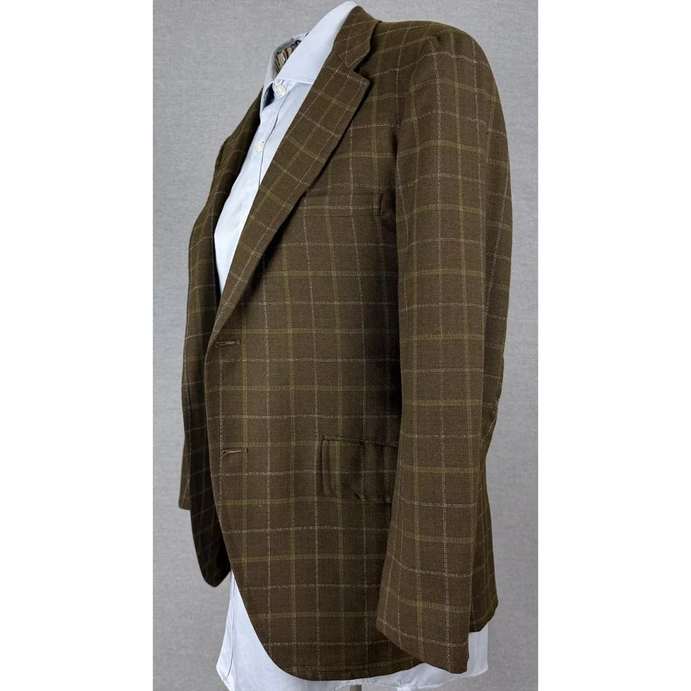 Vintage 60s Bespoke Brown Windowpane Check Sport Coat Blazer 36R ACWA Union Tag